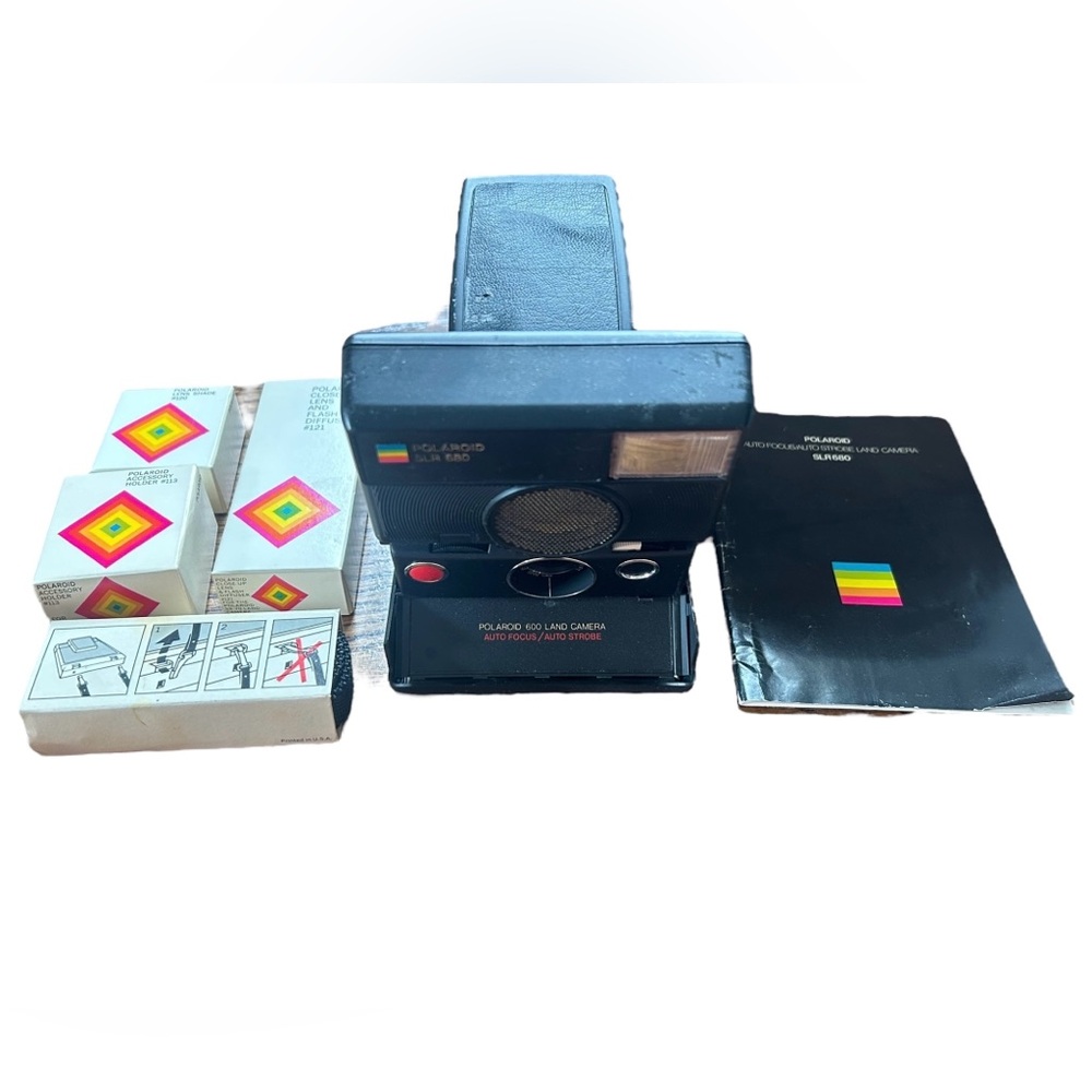 Vtg Polaroid SLR 680 Black Folding Instant Film Camera Untested & Accessories
